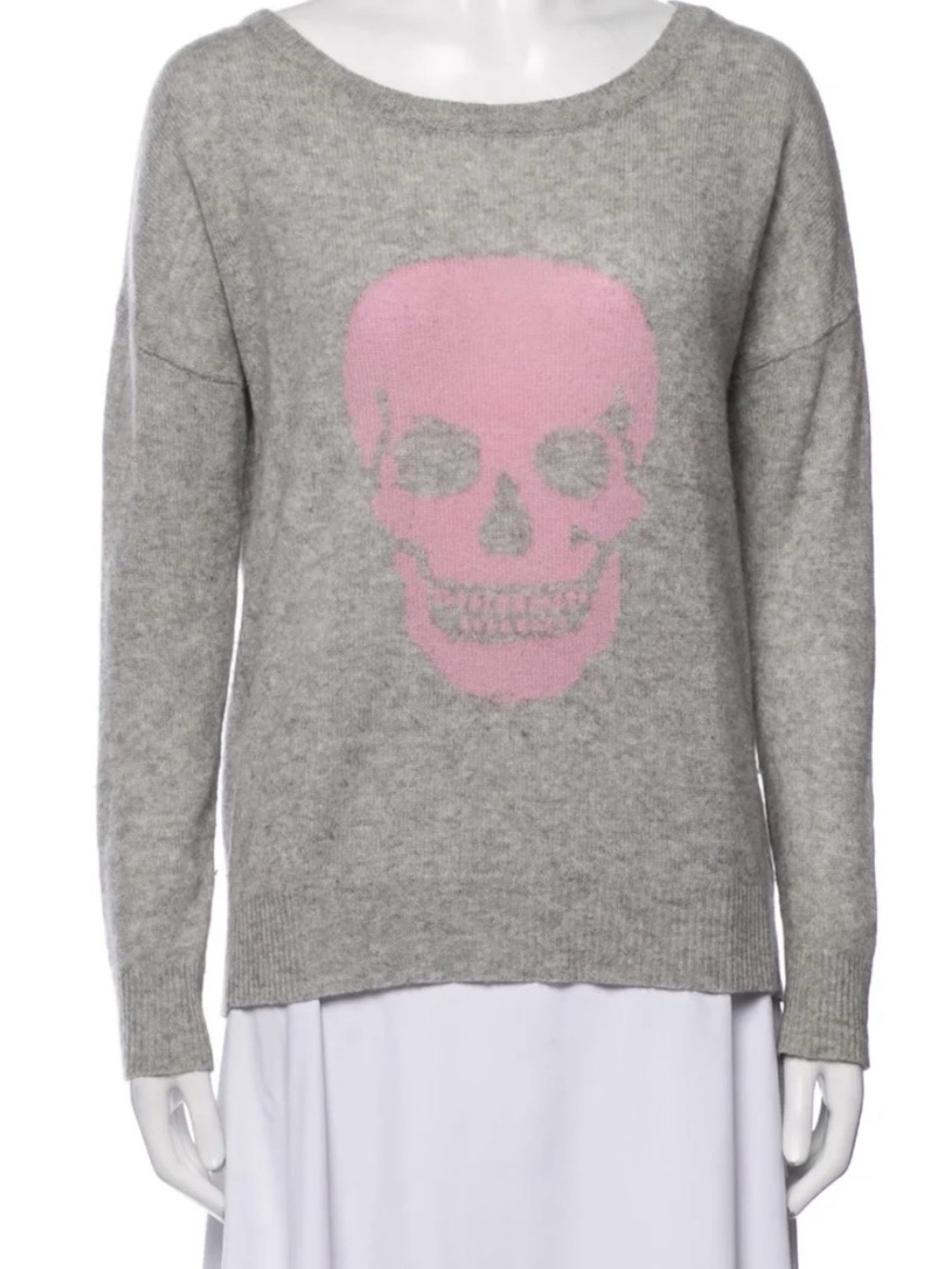 Skull Cashmere Gray Crewneck Sweater with Pink Skull Motif